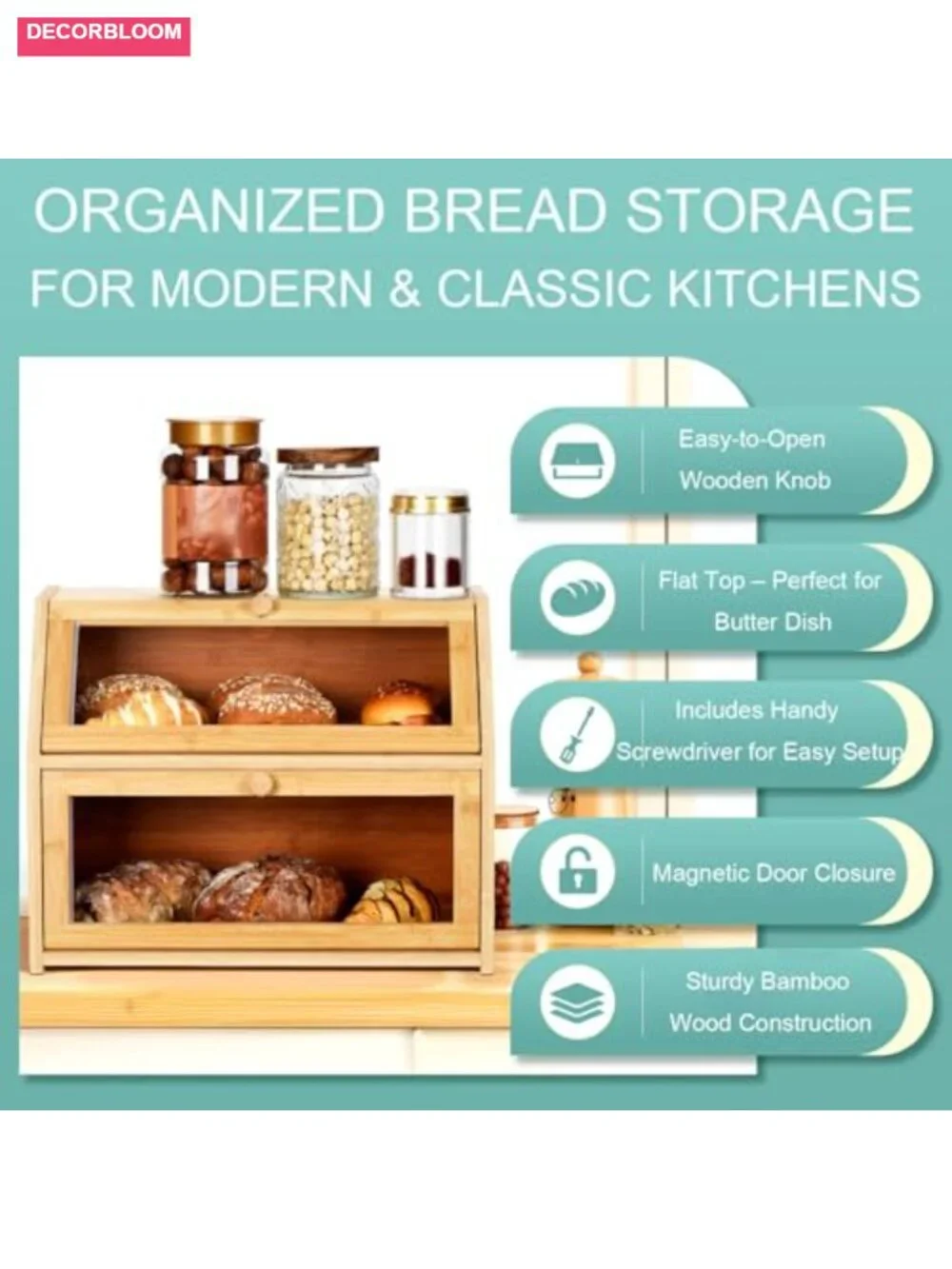 Large Double Layer Bamboo Bread Box with Clear Door, Includes Bags & Labels